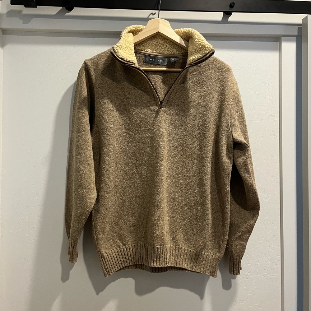 Oscar De La Renta~ Mens Faux fur collared pullover tan half zip sweater, Sz M